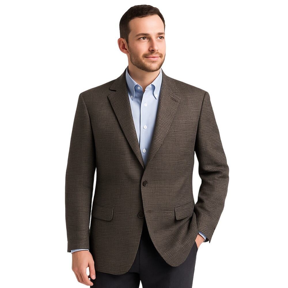 Men’s Wool Sport Coat 44S Brown/Charcoal Micro-Check, Woolmark